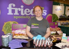 Frieda's serves stokes purple sweet potato dessert bars. 